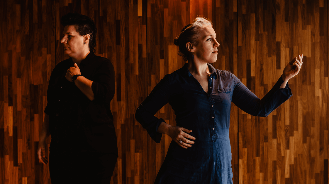 Jane O'Brien and Paula Clarke rehearsing