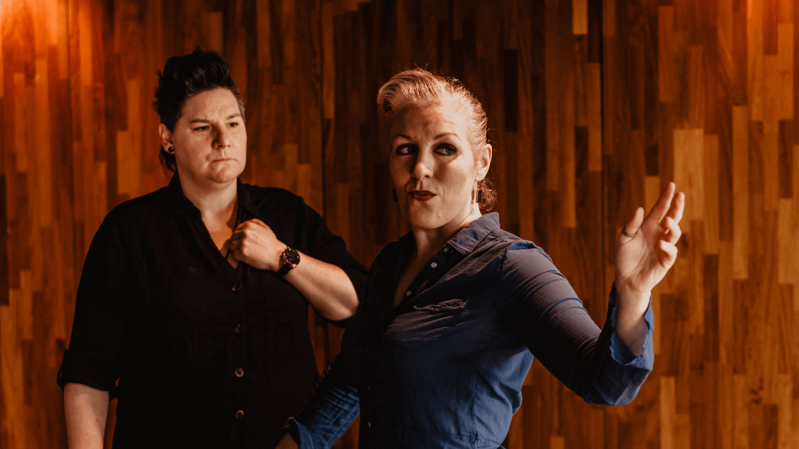 Jane O'Brien and Paula Clarke rehearsing