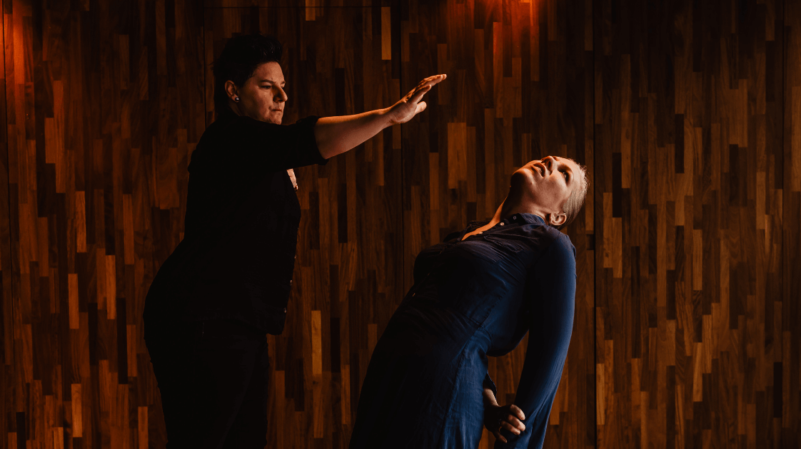 Jane O'Brien and Paula Clarke rehearsing